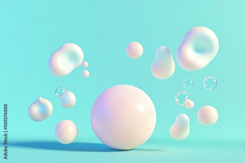 Poster pastel balls float on turquoise background. soap bubbles, blobs drift. abstract 3d render. modern de