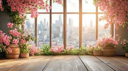Wooden table decorated with vibrant pink flowers, framed by a large window showcasing a bright cityscape in the background.