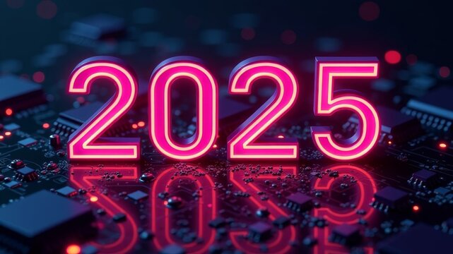 The numbers 2025 glow from microcircuits in neon colors