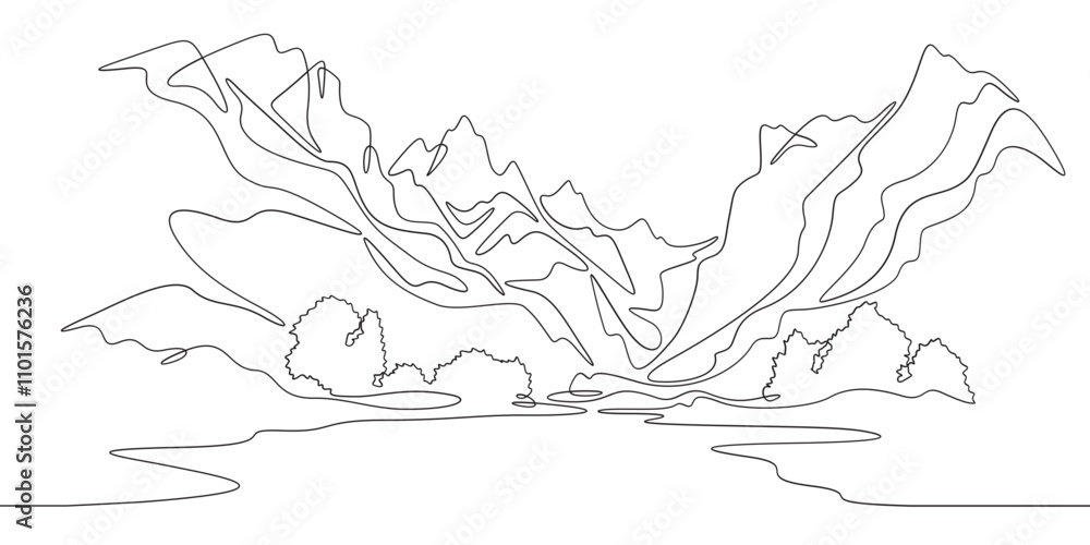 Poster continuous one line drawing mountain landscape. panorama of high mountains and mountain river. natur