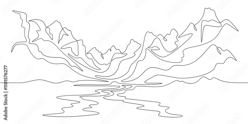 Poster continuous one line drawing mountain landscape. panorama of high mountains and mountain river. natur