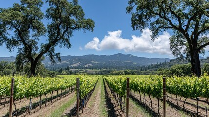 Fototapeta premium Scenic Vineyard Landscape with Lush Rows Against Mountain Backdrop