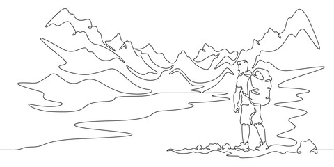Continuous one line drawing tourist on the shore of a mountain lake. Mountain landscape. Traveler with a backpack.One continuous line isolated minimal illustration.Not AI.