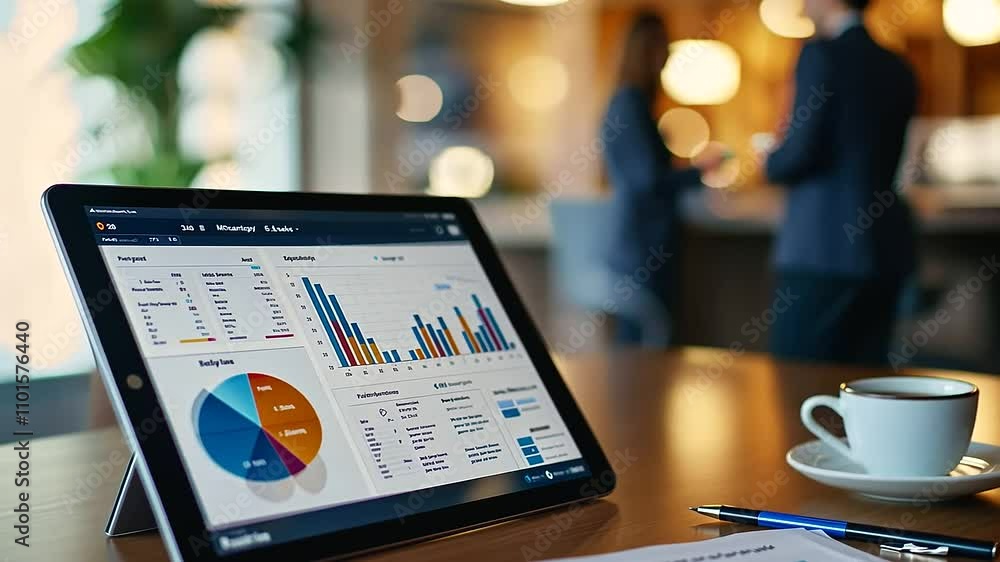 Aufkleber high tech dashboard and data analytics on tablet in conference room