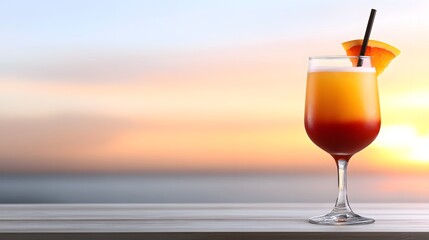Sunset-inspired cocktail with ombre layers of red and orange served in a tall glass on a seaside bar