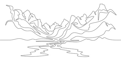 Continuous one line drawing mountain landscape. Panorama of high mountains and mountain river. Nature.  One continuous line isolated minimal illustration.Not AI.
