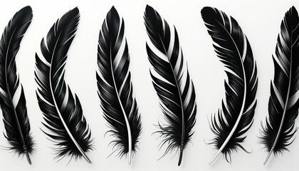 Black feathers arranged horizontally on a light-colored background. The feathers are of various sizes and shapes, demonstrating the variety of shapes and details of feather structure.......