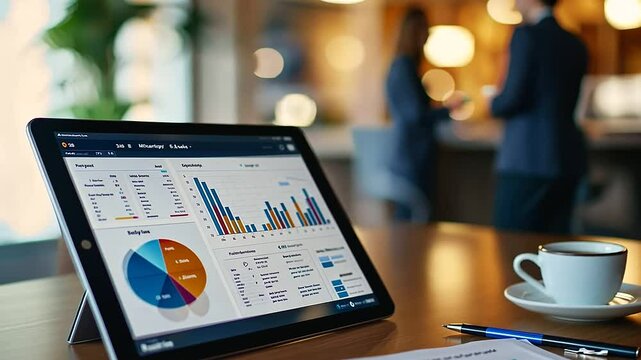 High Tech Dashboard and Data Analytics on Tablet in Conference Room
