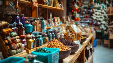 Market stall with colorful spices and herbs in jars and bowls