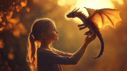 A girl holding a stuffed dragon, imagining it flying high above her, as she acts out being a brave dragon tamer