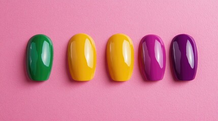 Colorful nail polish collection featuring vibrant green, yellow, and purple shades against a soft pink background, perfect for beauty promotions and cosmetics branding.