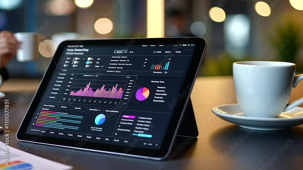 Poster high tech dashboard with data analytics on tablet screen