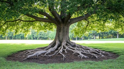Majestic tree with sprawling exposed roots and lush green foliage, highlighting the intricate network of roots against a vibrant grassy backdrop.