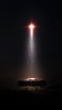 A bright and large star shines brightly, blessing the baby Jesus in the manger, a background concept to celebrate Christmas and Christmas, and to hint at the birth of Jesus and his death on the cross.