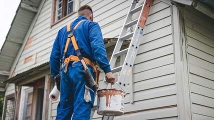 Painter on Ladder with Tools and Paint
