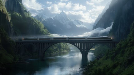 Fototapeta premium A 4K image of a sleek train crossing a bridge over a river, the surrounding mountains rising sharply on all sides,