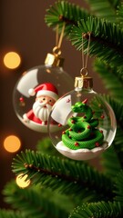 Christmas tree ornaments featuring Santa and a green snake in a festive mood on a blurred background