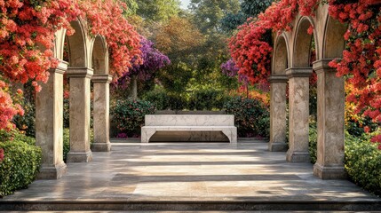 A formal garden with symmetrically arranged Laburnum arches over a neatly polished marble bench, reflecting refined elegance.