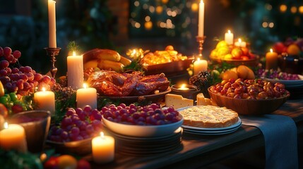 Fototapeta premium A 4K image of a table brimming with delicious, freshly prepared food, including fruits, cheeses, and mains,