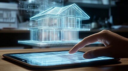 Architect interacting with 3d hologram of smart home on digital tablet