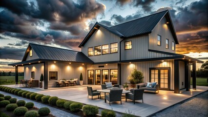 Surreal Black & White Barn Dominium: Modern Farmhouse Exterior Design, Spacious Patio, Dramatic Lighting