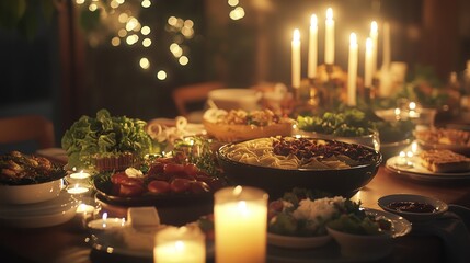 Naklejka premium A 4K image of a table with a variety of dishes, including fresh salads, pasta, and desserts, surrounded