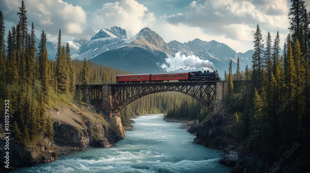Poster a 4k image of a train crossing a river bridge with rugged mountains in the background, capturing the