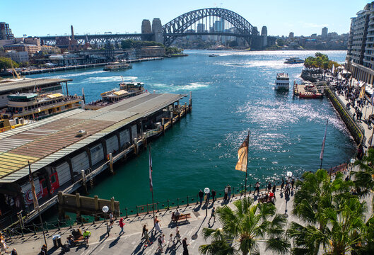 Circular Quay, Sydney, looking down at pedestrians walking along the waterfront