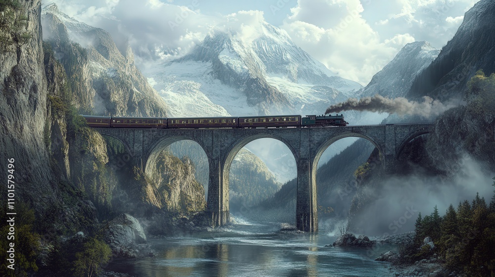 Poster a 4k image of a train moving across a bridge, the river below reflecting the train as it crosses int