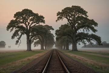 Obraz premium Timeless Journey Through Misty Dawn Landscapes Featuring Ancient Oak Trees and Rusting Railroad