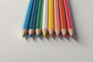 several colored pencils are lined up in a row on a table