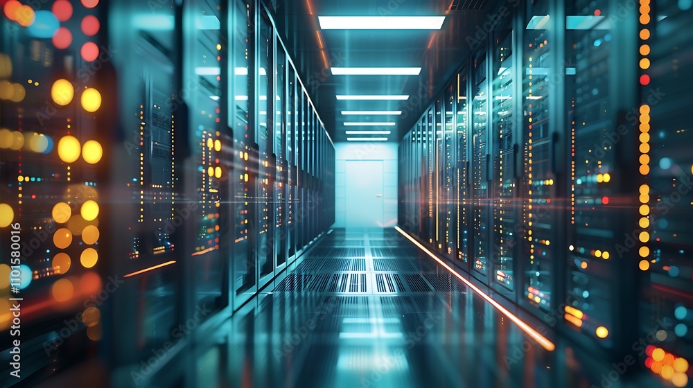 Poster a futuristic data center corridor filled with servers, showcasing advanced technology and digital in