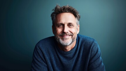 Fototapeta premium Portrait of a middle-aged man with gray hair and a beard wearing a blue sweater against a plain teal background, smiling warmly.
