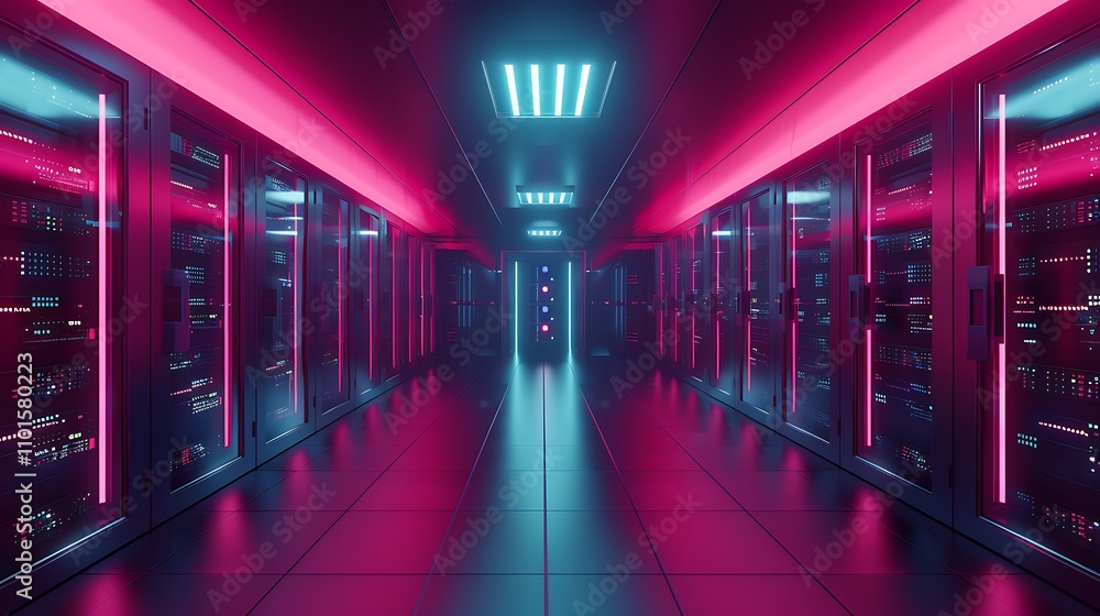 Poster a futuristic data center corridor illuminated with neon lights, showcasing rows of servers.
