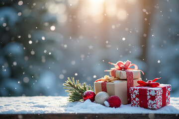 frozen wooden table outside with New Year's packages and gifts