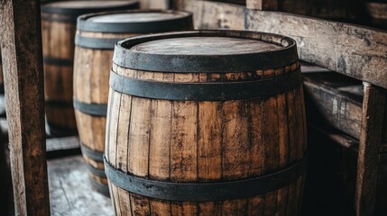 Fototapeta premium Wooden barrels stacked in a rustic storage area, showcasing weathered wood and metal bands, reflecting the aging process of fine spirits.