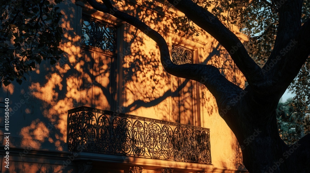 Poster a 4k image of the shadow of a large tree reaching across the wall of a building, its branches creati