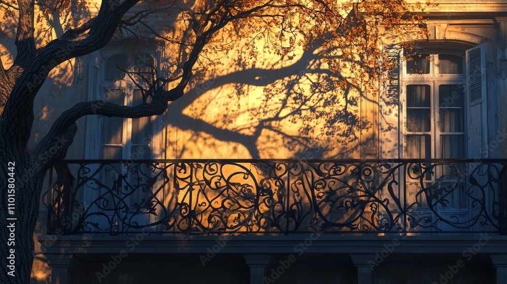 Poster a 4k image of the shadow of a large tree reaching across the wall of a building, its branches creati