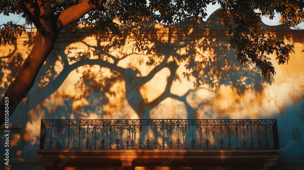 Poster a 4k image of the shadow of a large tree reaching across the wall of a building, its branches creati