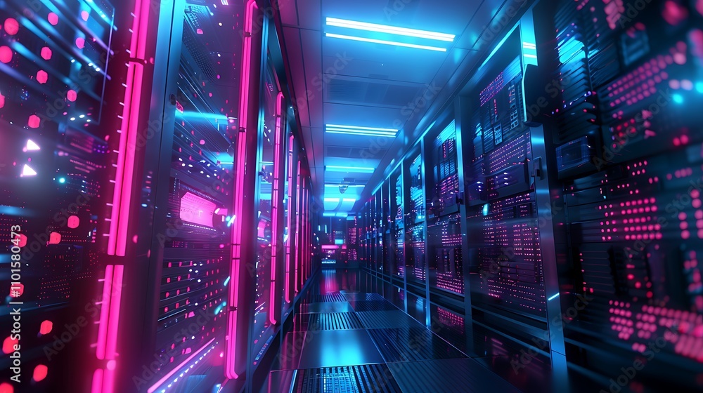 Poster a futuristic corridor lined with glowing servers and neon lights, representing advanced technology a
