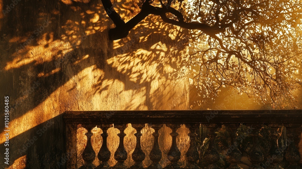 Poster a 4k image of the shadow of a large tree reaching across the wall of a building, its branches creati