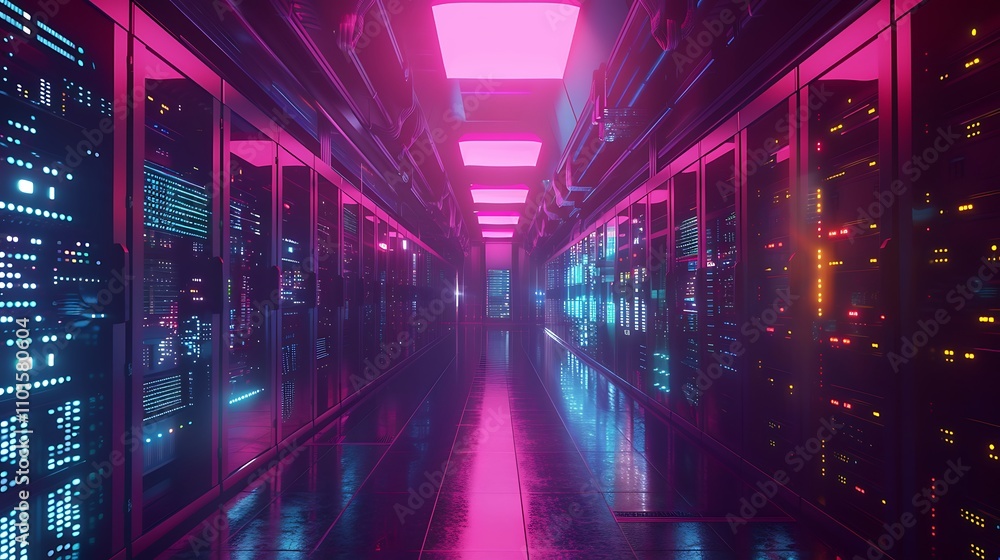 Poster a futuristic data center corridor illuminated with neon lights, showcasing rows of servers.
