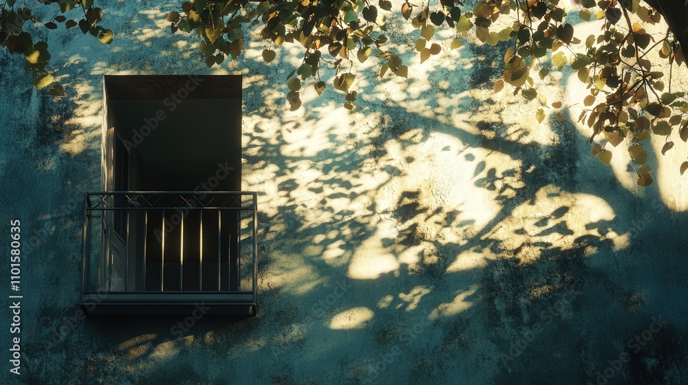 Poster a 4k image of the shadow of a tree falling across the wall of a building with a balcony, the sunligh