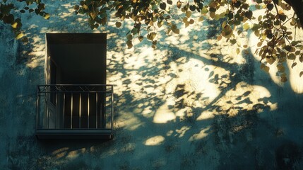 A 4K image of the shadow of a tree falling across the wall of a building with a balcony, the sunlight filtering through the branches creating a natural,