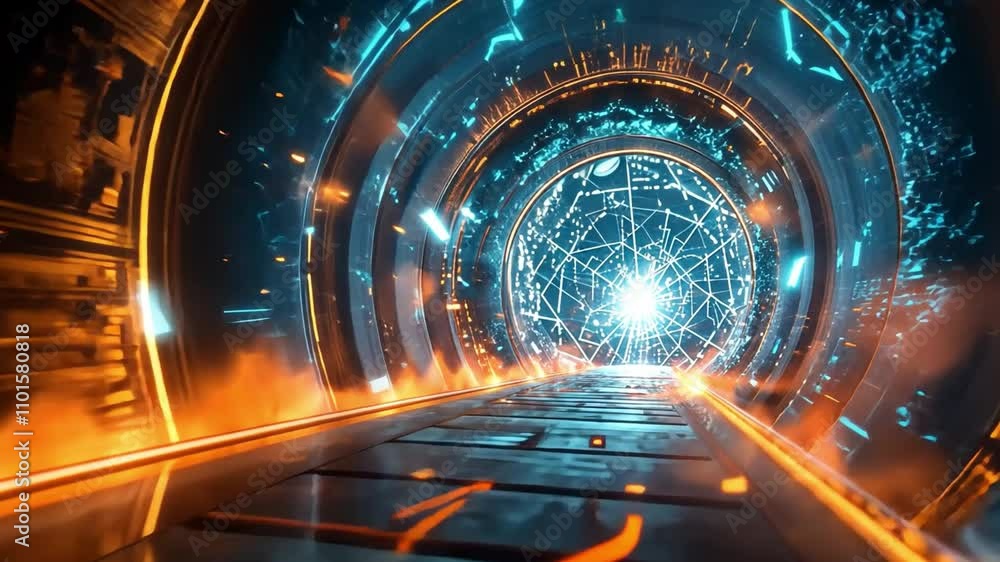Aufkleber a mesmerizing digital portal radiates bright blue and orange lights, with intricate patterns swirlin