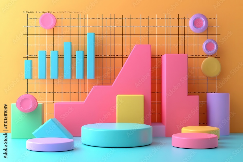 Poster a vibrant display of colorful geometric shapes and bar charts against a bright orange background, re