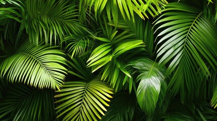 Lush green palm leaves forming a dense foliage backdrop, creating a vibrant jungle-themed wallpaper with rich textures and deep tones.