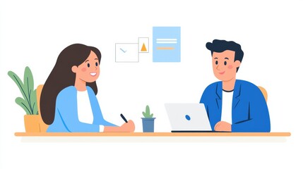 A manager giving feedback to an employee, both smiling and engaging in positive dialogue