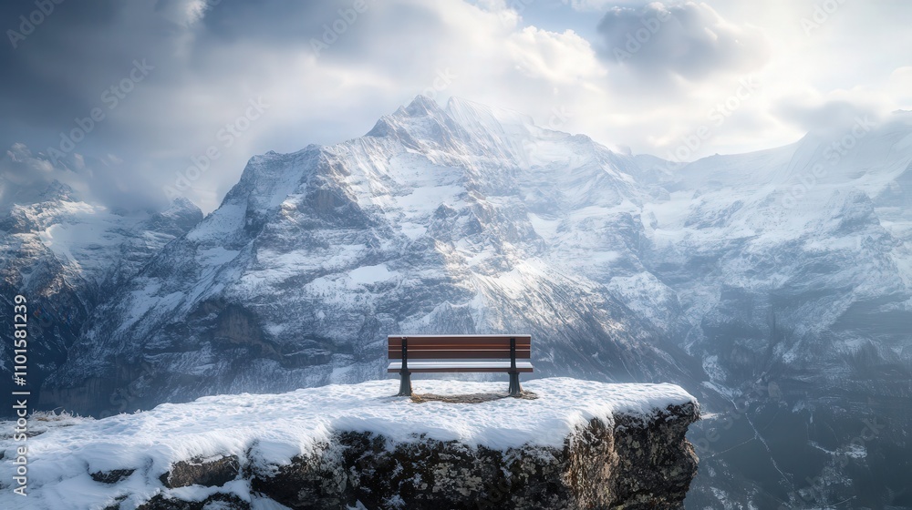 Poster a 4k image taken from behind a bench on the edge of a cliff, offering a panoramic view of a snow-cla