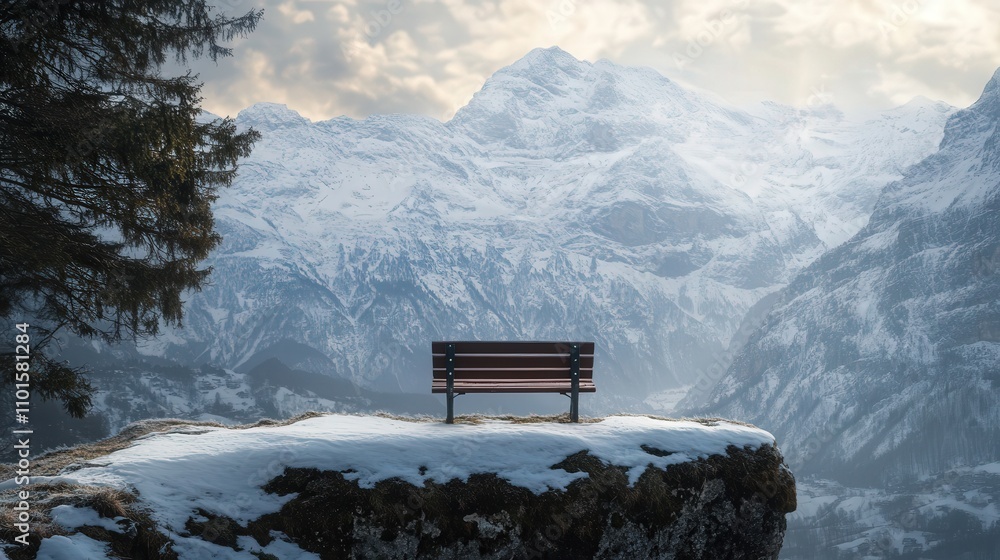 Poster a 4k image taken from behind a bench on the edge of a cliff, offering a panoramic view of a snow-cla